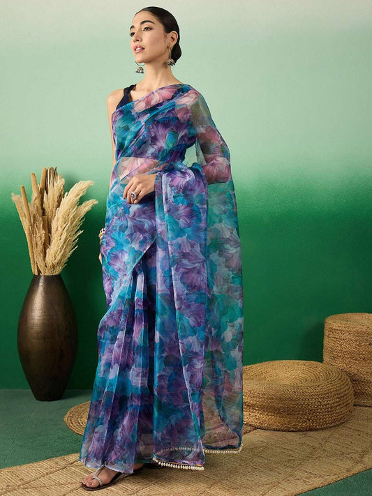 Blue Floral Digital Printed Organza Saree