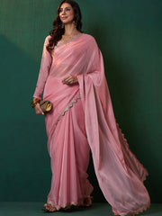 Peach Embroidered Bordered Sarees