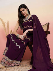 Maroon Ethnic Motifs Embroidered Thread Work Georgette Kurta With Palazzo & Dupatta