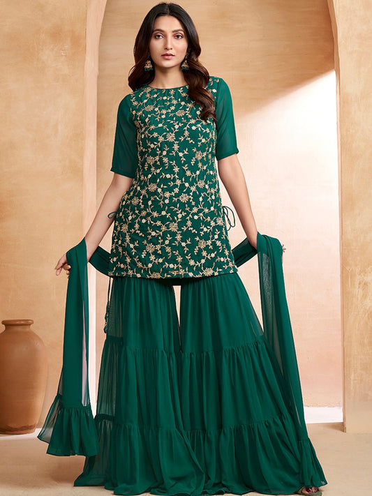 Green Floral Embroidered Kurta With Sharara & Dupatta