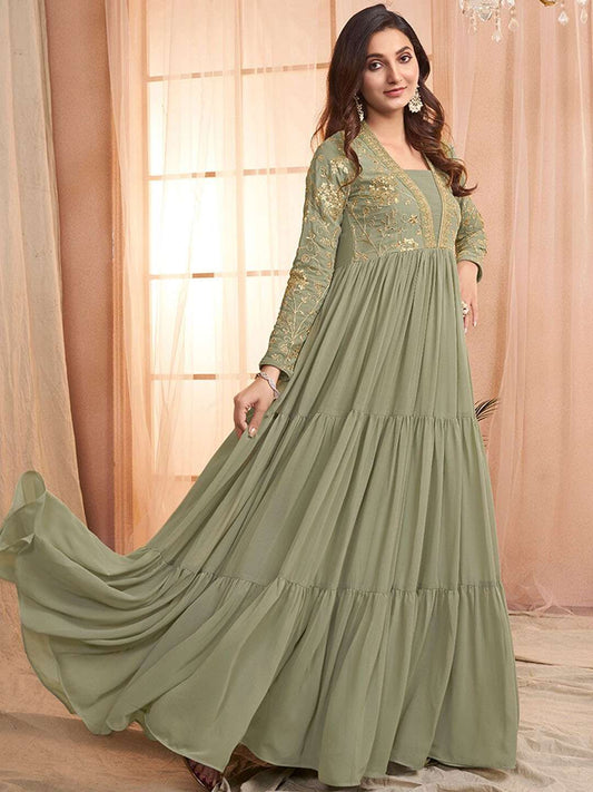 Green Sequins and Embroidered Tiered Maxi Dress