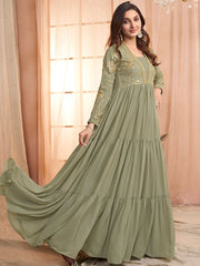 Green Sequins and Embroidered Tiered Maxi Dress