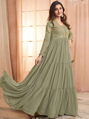 Green Sequins and Embroidered Tiered Maxi Dress