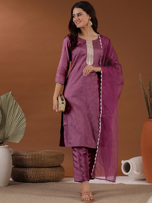 Pink Ethnic Motifs Embroidered Regular Mukaish Kurta With Trousers & Dupatta