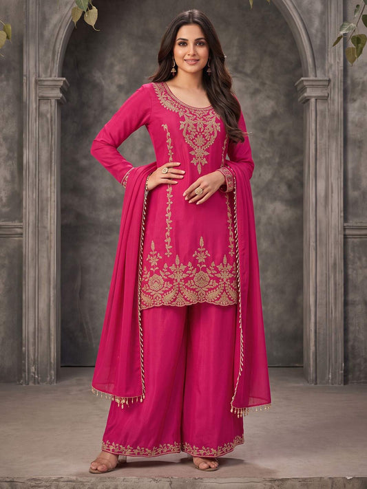 Pink Embroidery Work Festive Wear Palazzo Dress