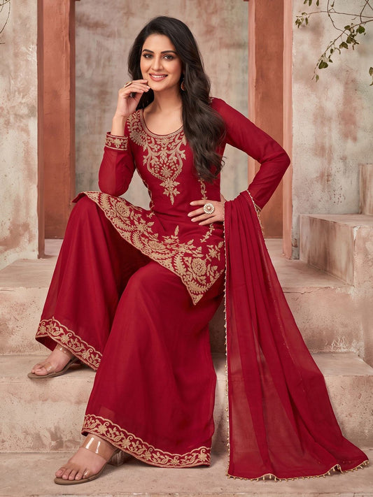 Red Embroidery Work Festive Wear Palazzo Dress