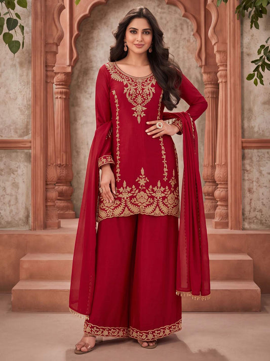 Red Embroidery Work Festive Wear Palazzo Dress