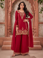Red Embroidery Work Festive Wear Palazzo Dress