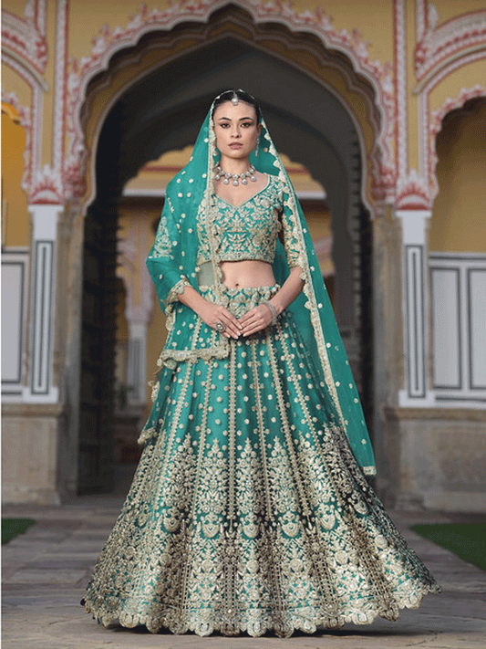Designer Rama Net Embroidered Wedding Lehenga Choli