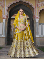 Designer Yellow Net Embroidered Wedding Lehenga Choli