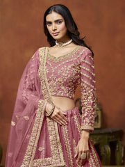 Net Sequins Zari Embroidered Pink Lehenga Choli