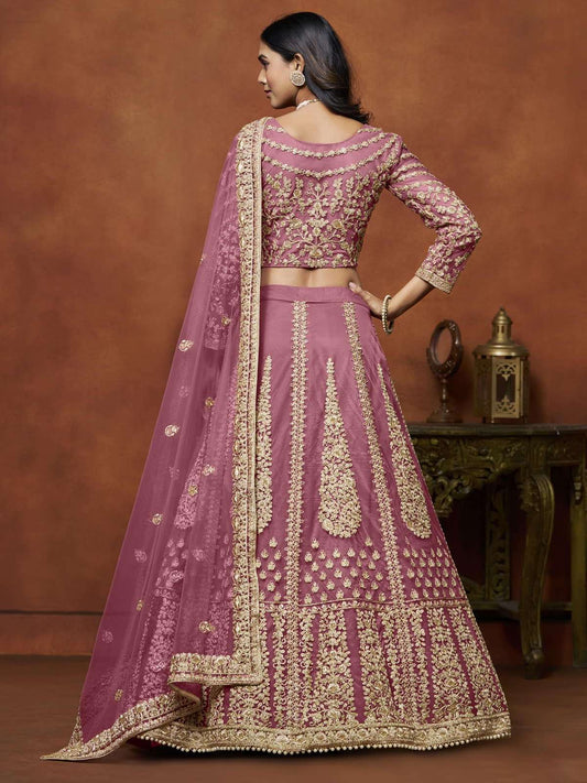 Net Sequins Zari Embroidered Pink Lehenga Choli