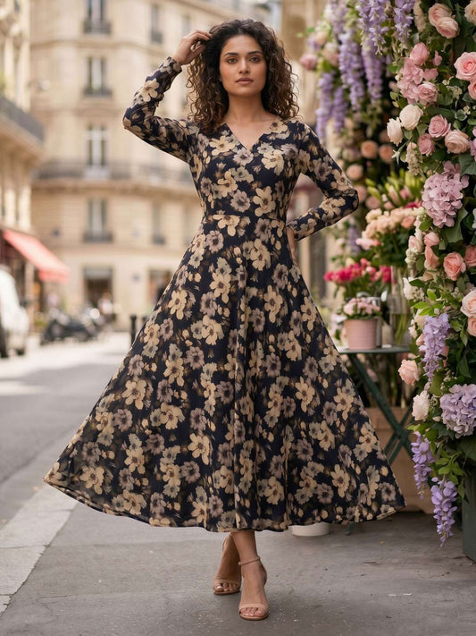 Black Georgette Flower Print Umbrella Frock
