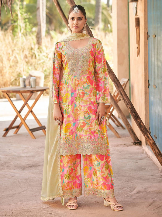 Cream Multicolored Embroidery Pakistani Pant Suit