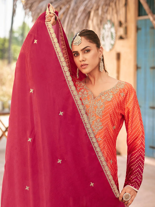 Orange And Crimson Embroidery Pakistani Pant Suit