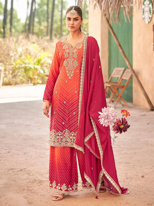 Orange And Crimson Embroidery Pakistani Pant Suit