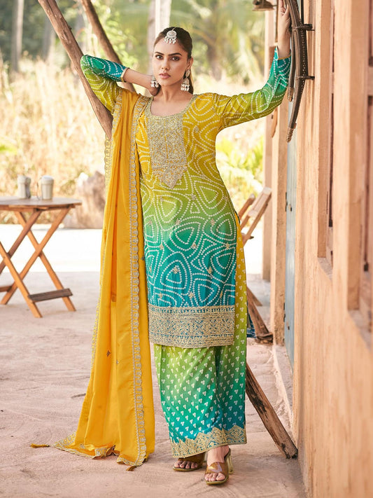 Turquoise And Green Embroidery Pakistani Pant Suit