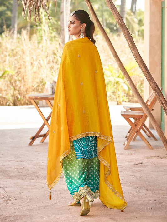 Turquoise And Green Embroidery Pakistani Pant Suit