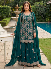 Teal Chinon Work Palazzo Suit