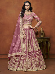 Net Sequins Zari Embroidered Pink Lehenga Choli