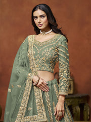 Net Sage Green Festive Wear Sequins Zari Embroidered Lehenga Choli