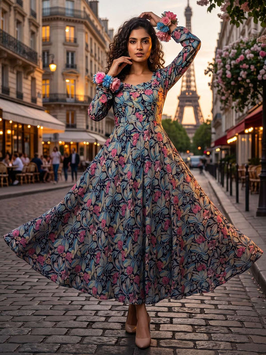 Grey Georgette Flower Print Umbrella Frock