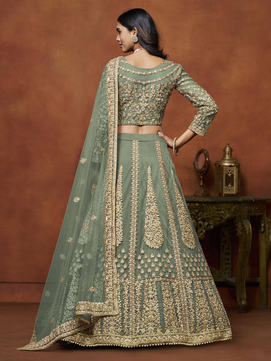 Net Sage Green Festive Wear Sequins Zari Embroidered Lehenga Choli