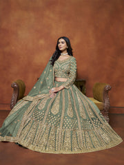 Net Sage Green Festive Wear Sequins Zari Embroidered Lehenga Choli
