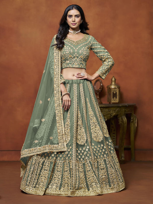 Net Sage Green Festive Wear Sequins Zari Embroidered Lehenga Choli