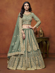 Net Sage Green Festive Wear Sequins Zari Embroidered Lehenga Choli