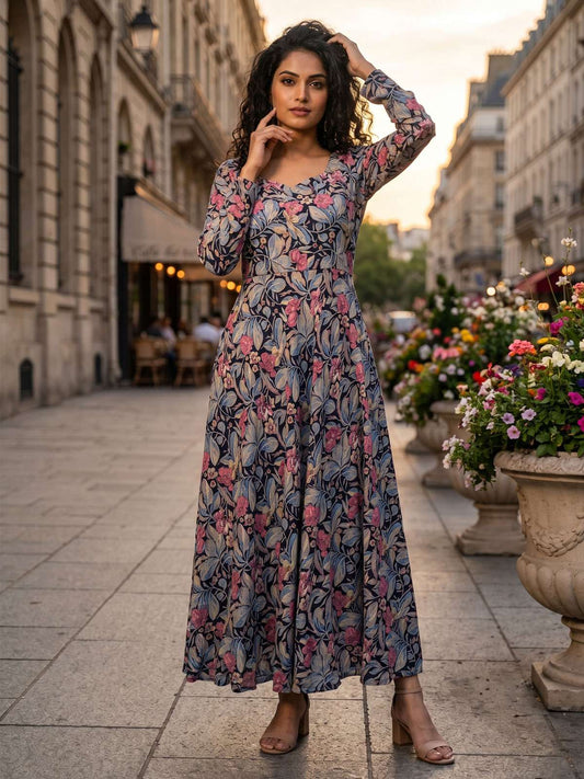 Grey Georgette Flower Print Umbrella Frock