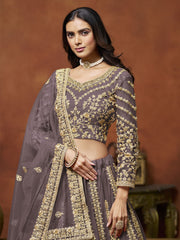 Zari Embroidered Net Purple Mauve Engagement Wear Lehenga Choli
