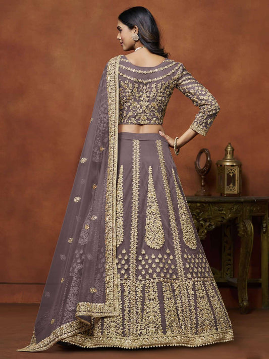 Zari Embroidered Net Purple Mauve Engagement Wear Lehenga Choli