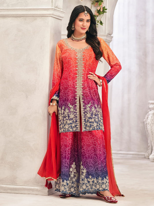 Chinon Palazzo Suit in Multi Colour with Bandhani Print