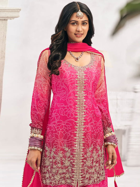 Rose Pink Chinon Bandhani Print Work Palazzo Suit