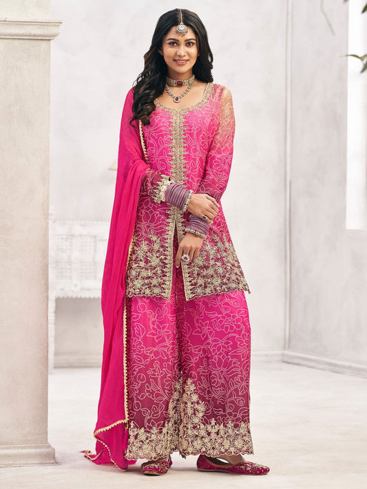 Rose Pink Chinon Bandhani Print Work Palazzo Suit