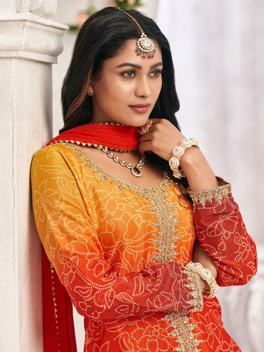 Orange and Red Chinon Palazzo Suit with Bandhani Print