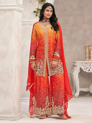 Orange and Red Chinon Palazzo Suit with Bandhani Print