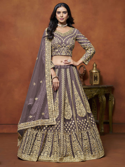 Zari Embroidered Net Purple Mauve Engagement Wear Lehenga Choli