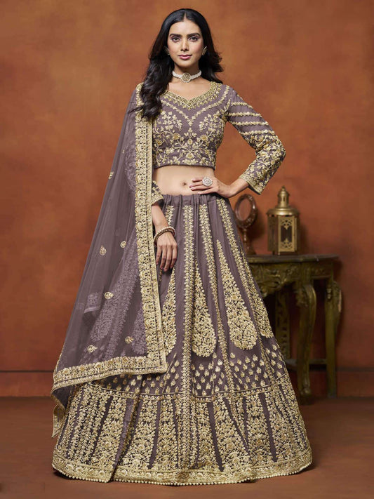 Zari Embroidered Net Purple Mauve Engagement Wear Lehenga Choli