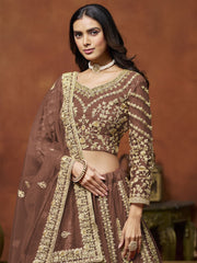 Brown Festive Wear Sequins Zari Embroidered Net Lehenga Choli