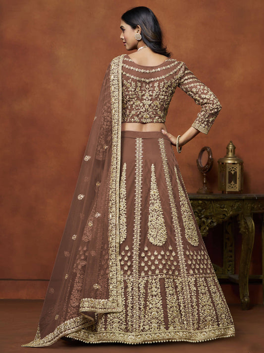 Brown Festive Wear Sequins Zari Embroidered Net Lehenga Choli