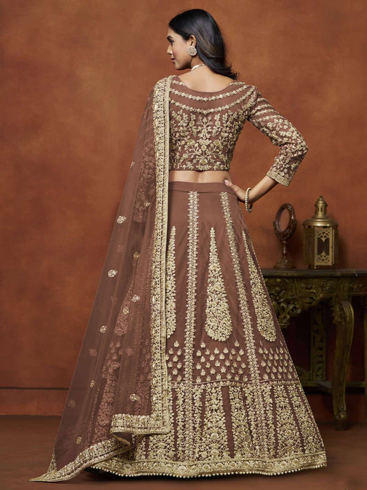Brown Festive Wear Sequins Zari Embroidered Net Lehenga Choli