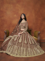 Brown Festive Wear Sequins Zari Embroidered Net Lehenga Choli