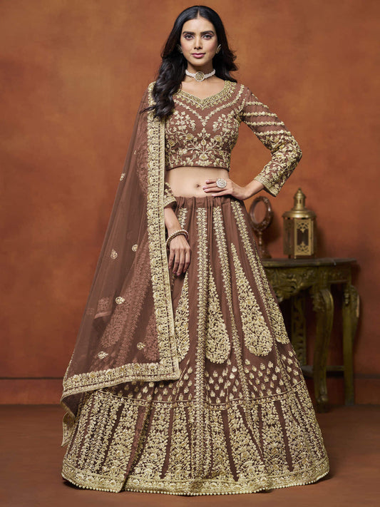 Brown Festive Wear Sequins Zari Embroidered Net Lehenga Choli