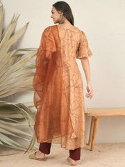 Women Brown Floral Printed Regular Kurta with Trousers & With Dupatta