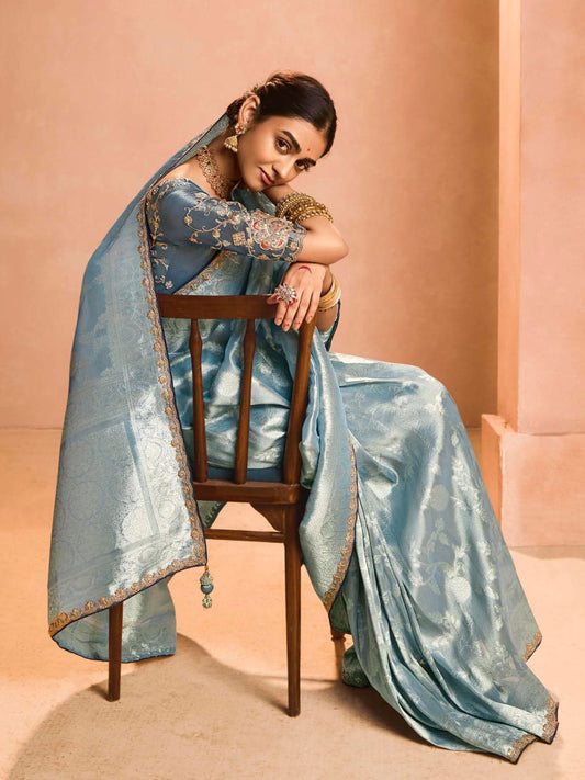 Lovely Dusty Blue Zari Weaving Silk Event Wear Saree With Blouse