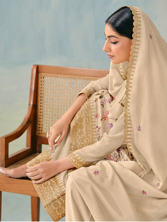 Cream Multi Embroidery Palazzo Suit