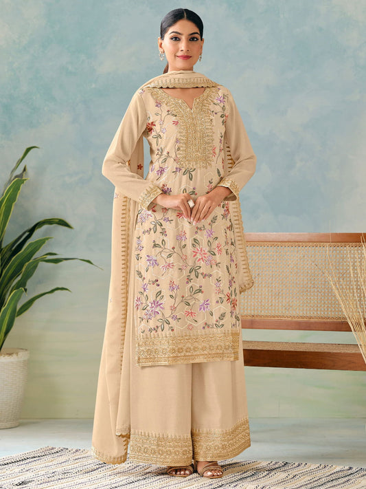 Cream Multi Embroidery Palazzo Suit