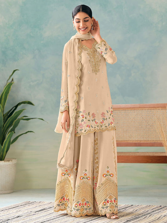 Cream Multi Embroidery Sharara Style Suit